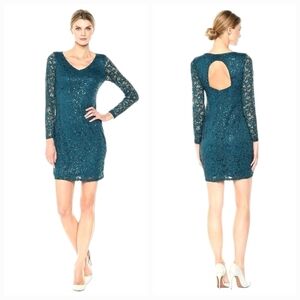 Marina Teal Green Lace Sparkly Open Back Dress